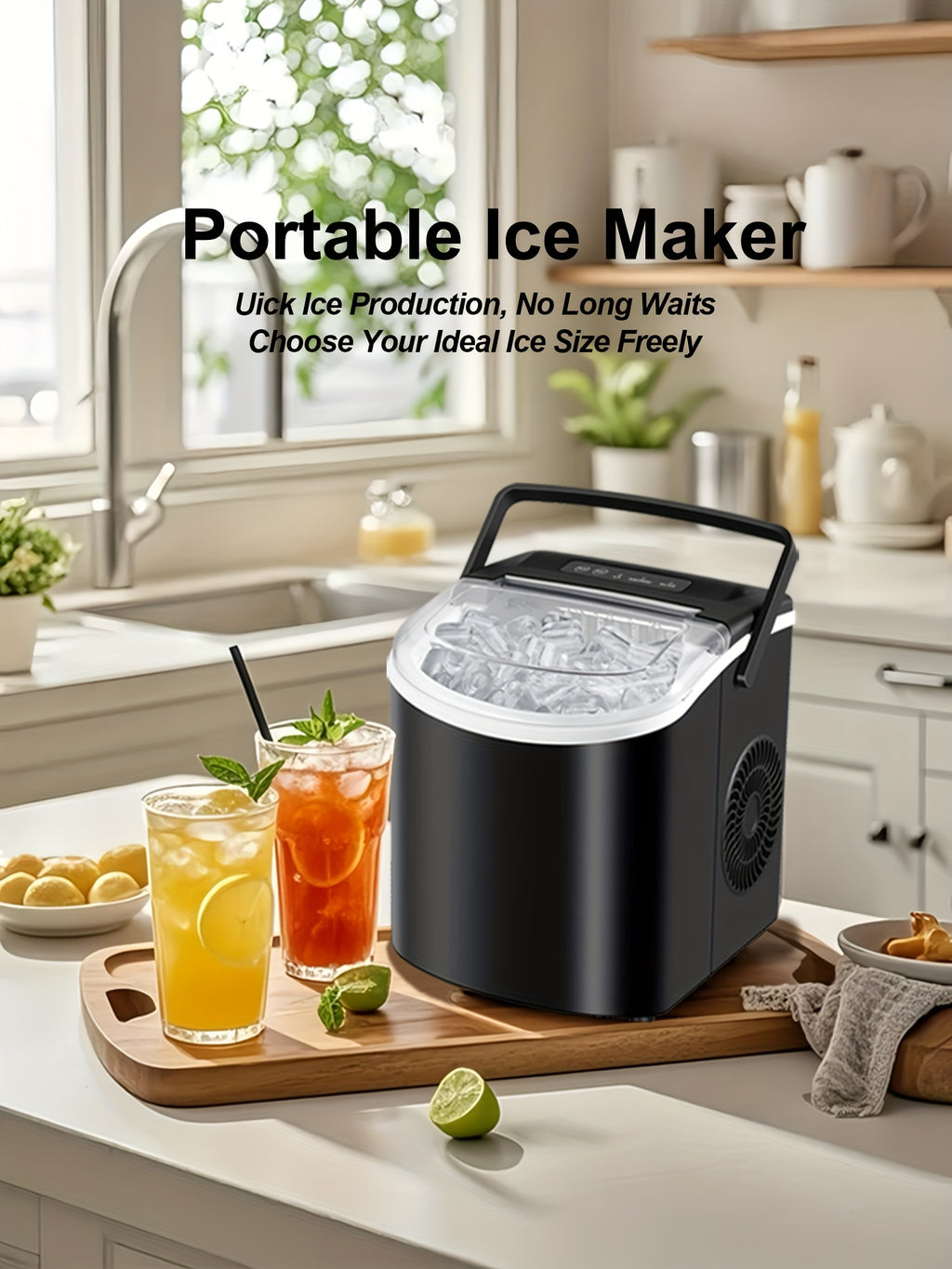 Countertop Ice Maker with Handle, Produces 29 Pounds of Ice in 24 Hours, Makes 9 Ice Cubes in 6 Minutes. Portable Ice Maker Comes with a Basket And Ice Scoop