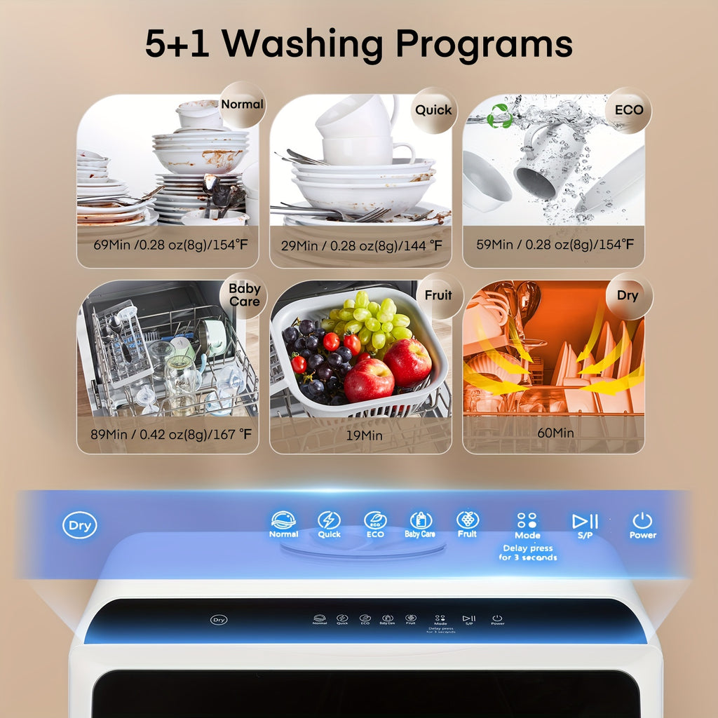 Countertop Dishwasher, No Hookup Needed, 6 Programs, Dual Spray, High-Temp & Air-Dry & Timeing Function, Portable Dishwasher Countertop with 1.32gal Built-in Water Tank, Mini Dishwasher for Home, Apartments, RVs