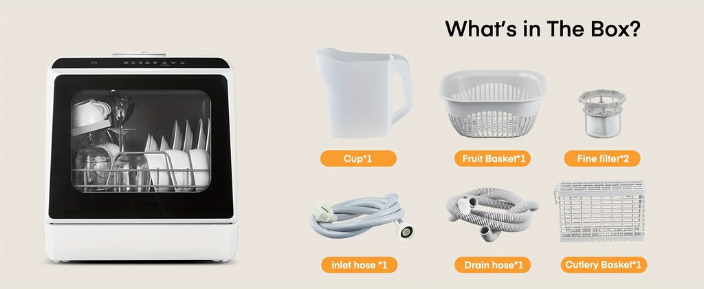 Countertop Dishwasher, No Hookup Needed, 6 Programs, Dual Spray, High-Temp & Air-Dry & Timeing Function, Portable Dishwasher Countertop with 1.32gal Built-in Water Tank, Mini Dishwasher for Home, Apartments, RVs