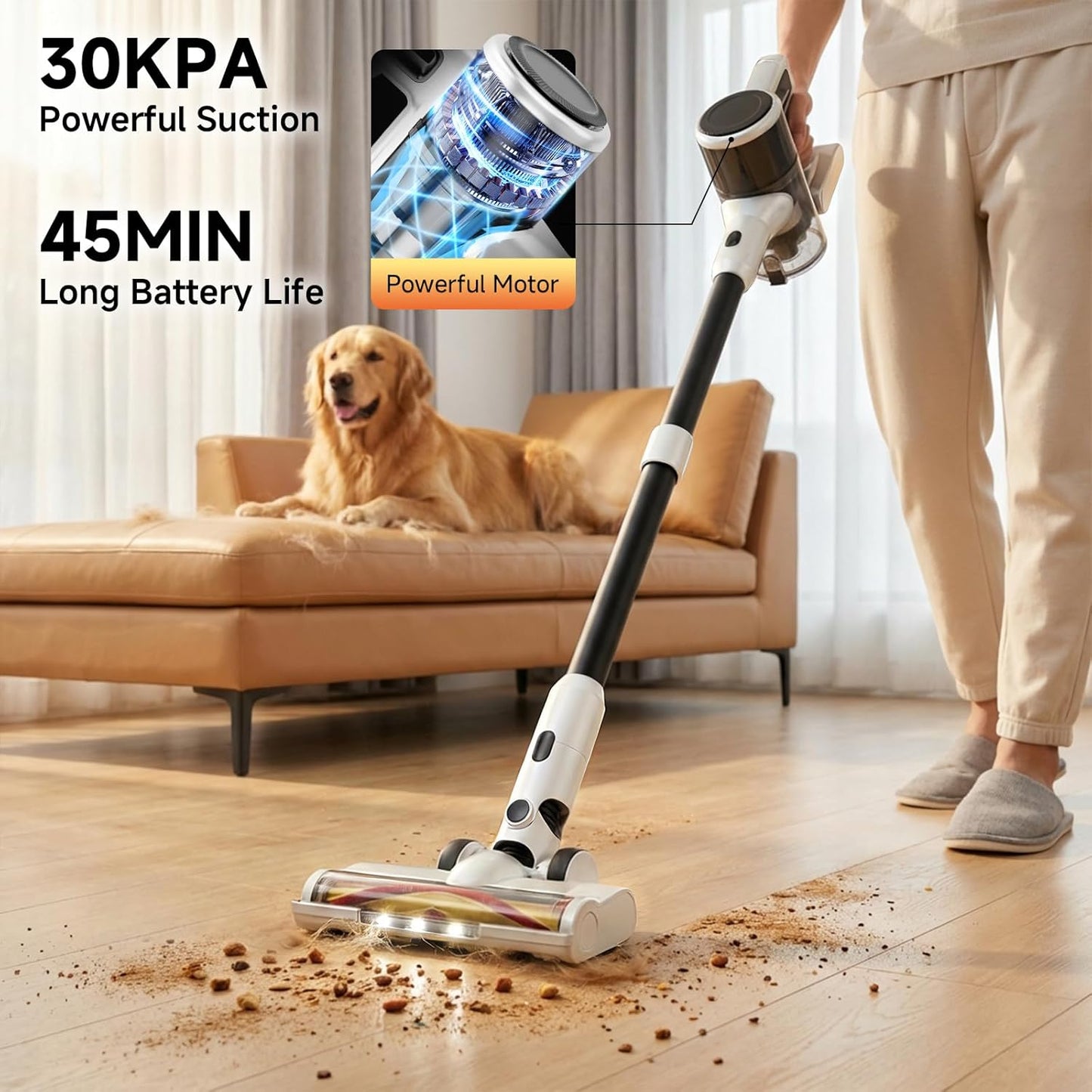 BSNAW Lightweight Cordless Stick Vacuum Cleaner with Battery - 45 Min Runtime, 8-in-1 Handheld for Pet Hair, Hard Floors & Carpets, Powerful Suction, White