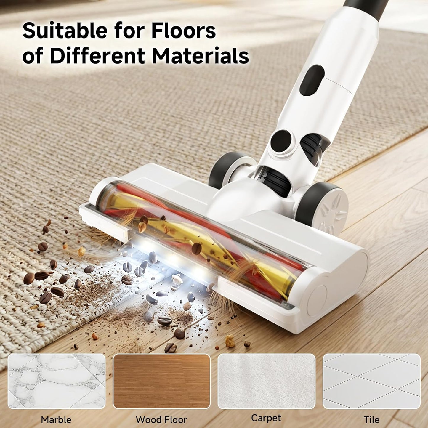 BSNAW Lightweight Cordless Stick Vacuum Cleaner with Battery - 45 Min Runtime, 8-in-1 Handheld for Pet Hair, Hard Floors & Carpets, Powerful Suction, White