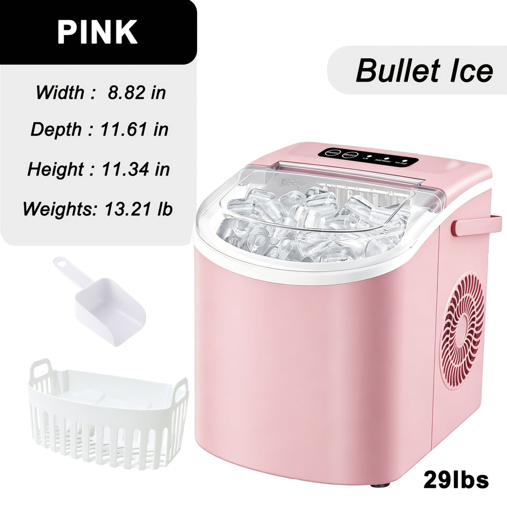 Countertop Ice Maker with Handle, Produces 29 Pounds of Ice in 24 Hours, Makes 9 Ice Cubes in 6 Minutes. Portable Ice Maker Comes with a Basket And Ice Scoop