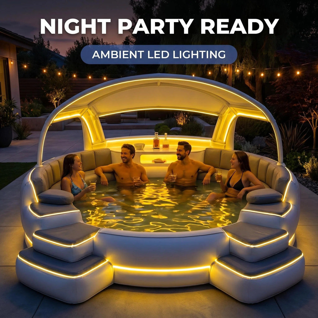 6-Person Inflatable Lounge Pool with Canopy & LED Lights – Quick Setup, Puncture-Resistant PVC for Backyard Parties
